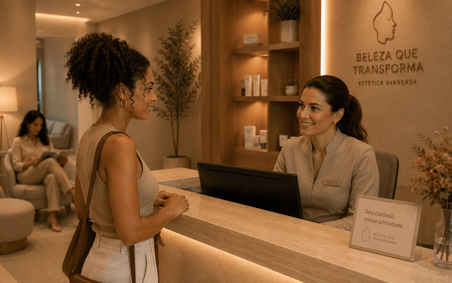 Recepcionista atendendo paciente em clínica de estética