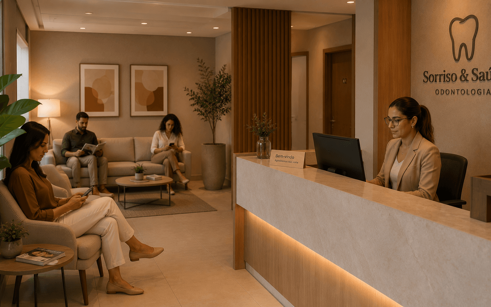 Recepção de clínica odontológica com pacientes aguardando