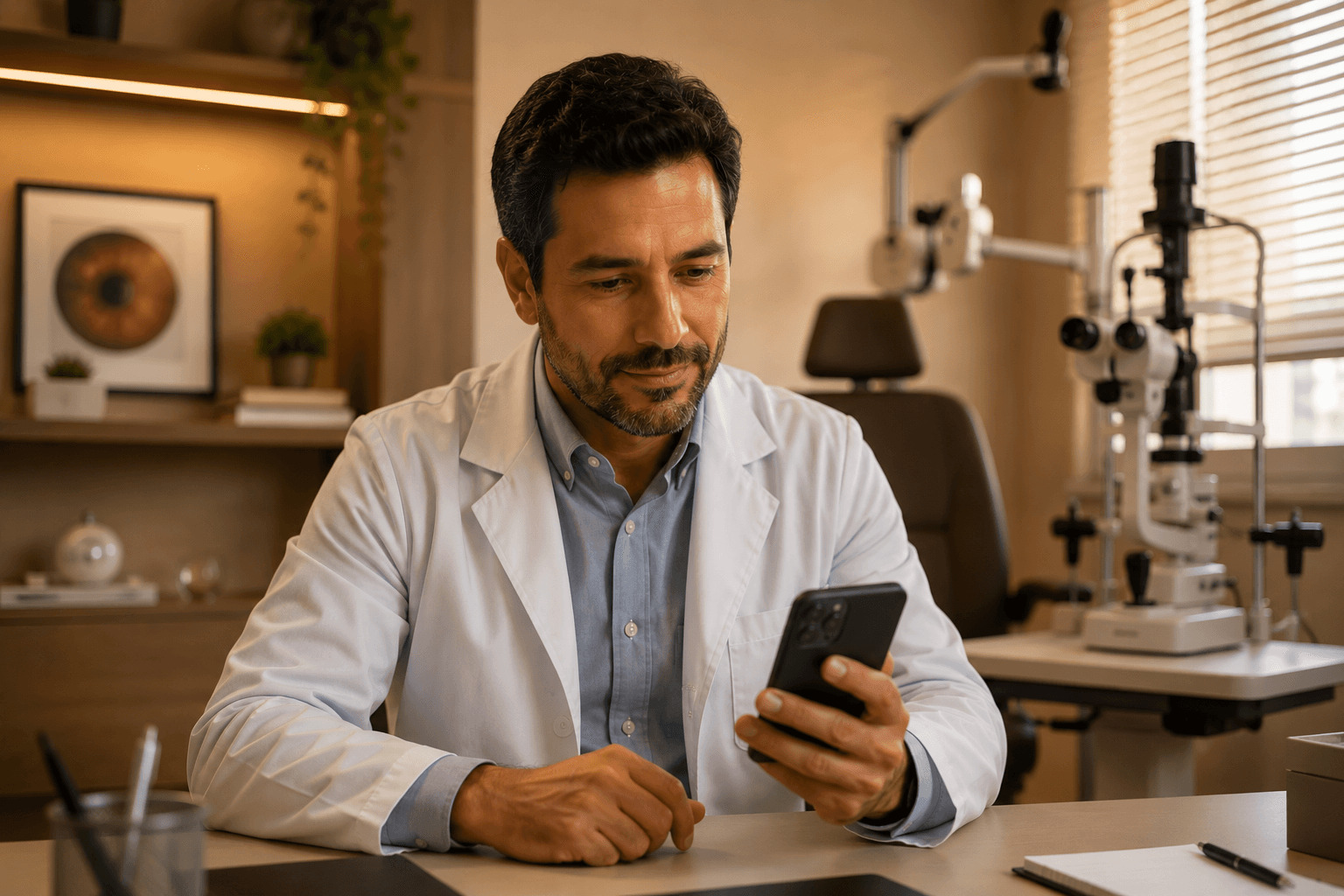 Oftalmologista em consultório usando o prontuário Carecode pelo celular
