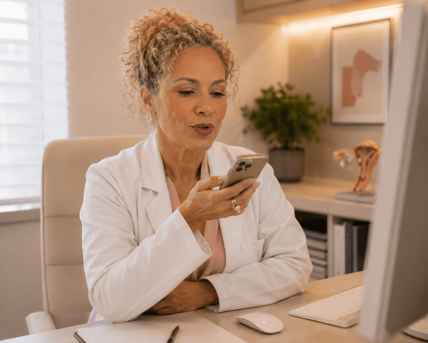 Médico usando o assistente de IA por voz no consultório